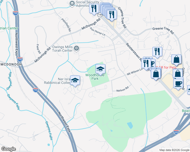map of restaurants, bars, coffee shops, grocery stores, and more near 392 Mount Wilson Lane in Pikesville