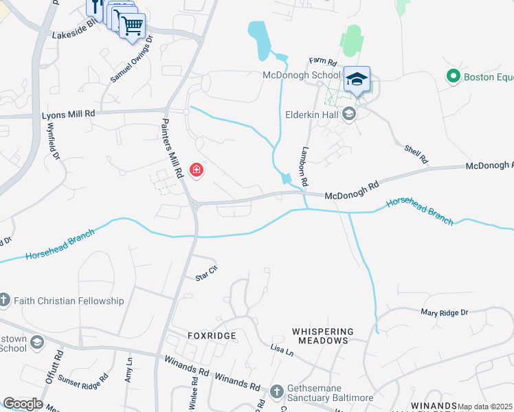 map of restaurants, bars, coffee shops, grocery stores, and more near 8801 Stoneridge Circle in Pikesville