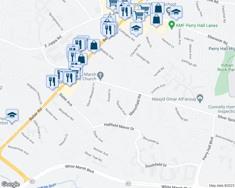 map of restaurants, bars, coffee shops, grocery stores, and more near 4301 Silver Spring Road in Perry Hall