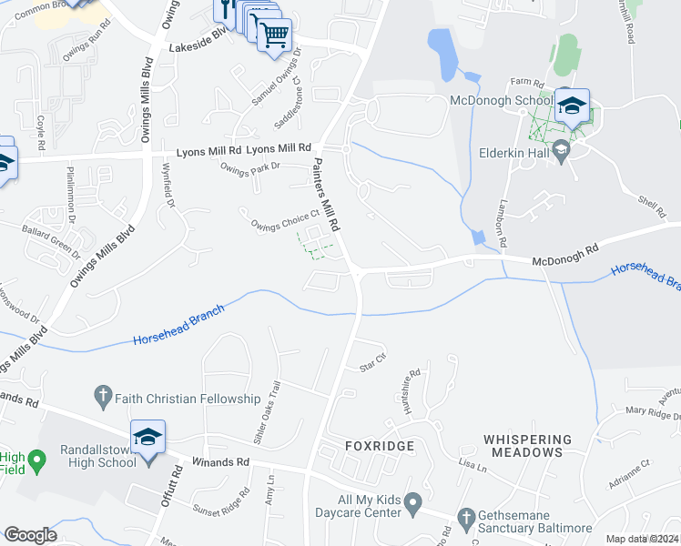 map of restaurants, bars, coffee shops, grocery stores, and more near 9104 Marlove Oaks Lane in Owings Mills