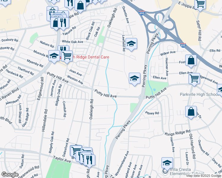 map of restaurants, bars, coffee shops, grocery stores, and more near 1827 Wildwood Avenue in Parkville