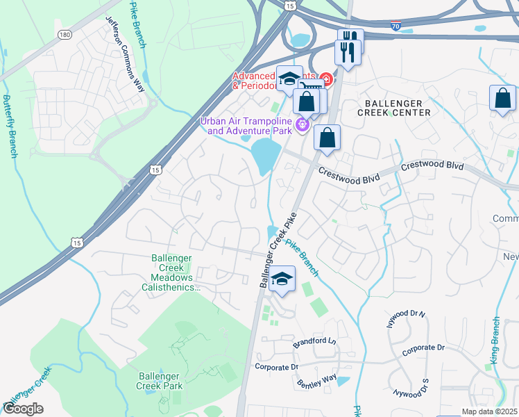 map of restaurants, bars, coffee shops, grocery stores, and more near 5601 Rockledge Court in Frederick
