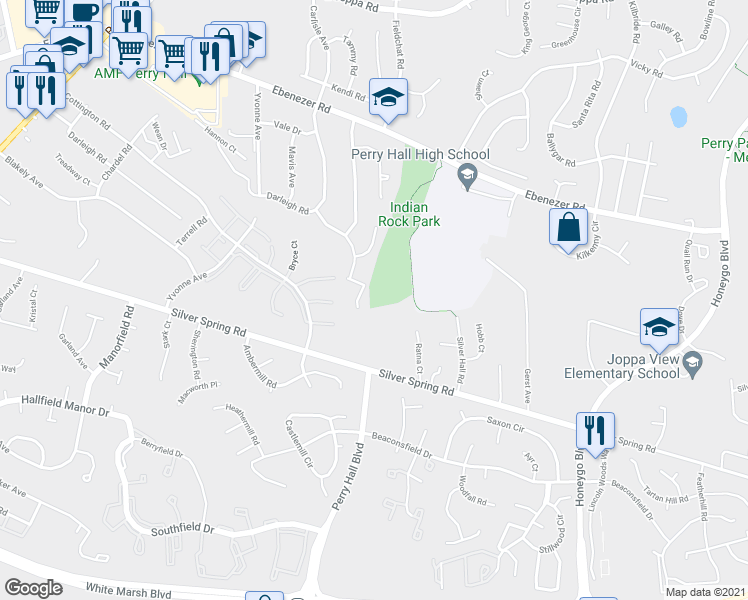 map of restaurants, bars, coffee shops, grocery stores, and more near 1 Lake Forest Court in Nottingham