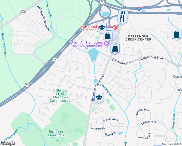 map of restaurants, bars, coffee shops, grocery stores, and more near 5601 Rockledge Court in Frederick