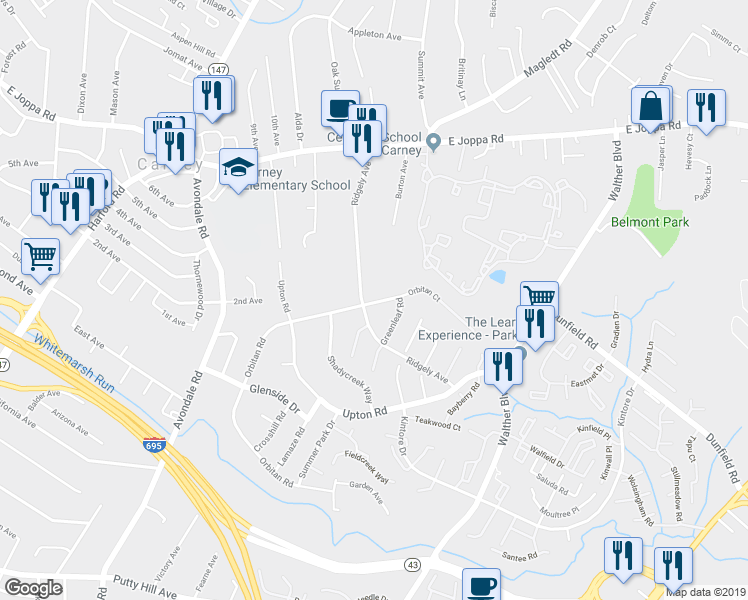 map of restaurants, bars, coffee shops, grocery stores, and more near 9433 Orbitan Court in Parkville