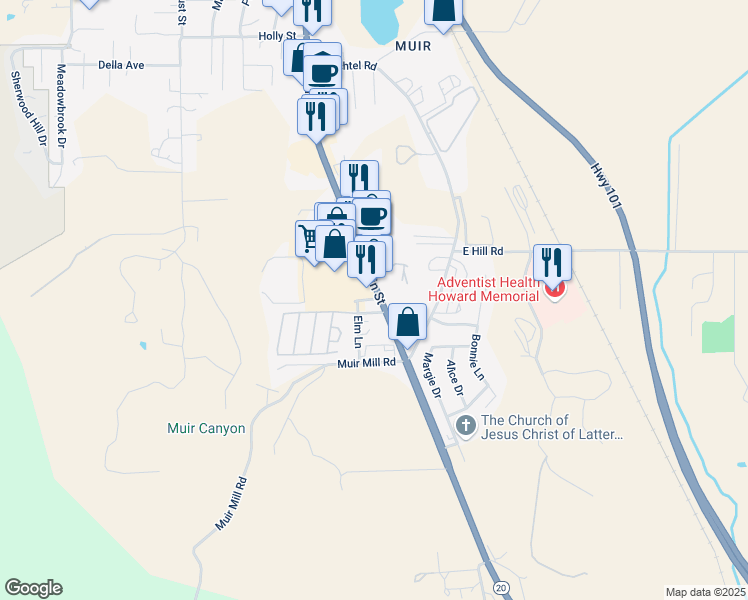 map of restaurants, bars, coffee shops, grocery stores, and more near 1740-1750 South Main Street in Willits