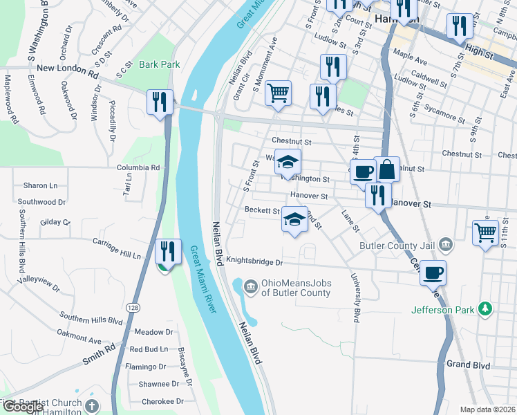 map of restaurants, bars, coffee shops, grocery stores, and more near 156 Beckett Street in Hamilton