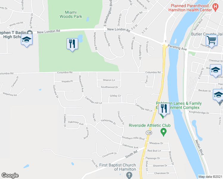 map of restaurants, bars, coffee shops, grocery stores, and more near 541 Southwood Drive in Hamilton