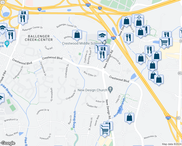 map of restaurants, bars, coffee shops, grocery stores, and more near 5786 Box Elder Court in Frederick