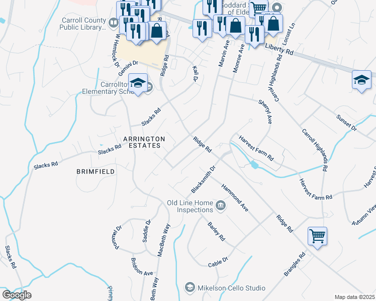 map of restaurants, bars, coffee shops, grocery stores, and more near 6712 Monroe Avenue in Marriottsville