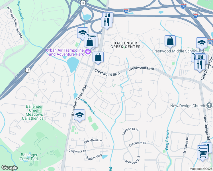 map of restaurants, bars, coffee shops, grocery stores, and more near 5701 Square Court in Frederick