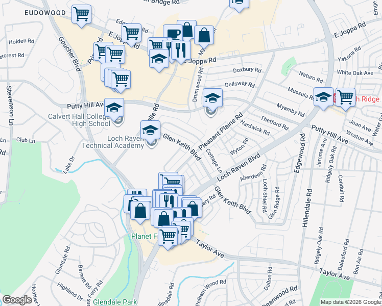 map of restaurants, bars, coffee shops, grocery stores, and more near 8150 Pleasant Plains Road in Towson
