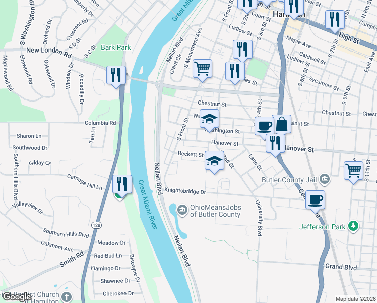 map of restaurants, bars, coffee shops, grocery stores, and more near 156 Beckett Street in Hamilton