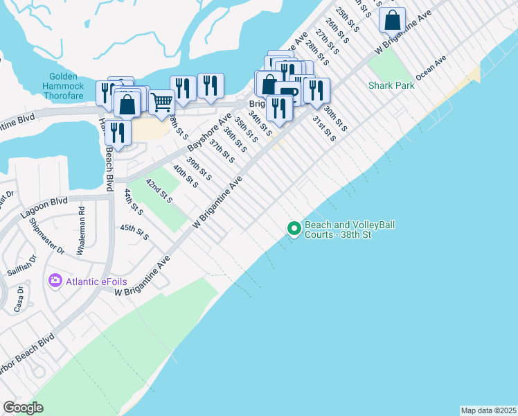 map of restaurants, bars, coffee shops, grocery stores, and more near 3801 Ocean Avenue in Brigantine