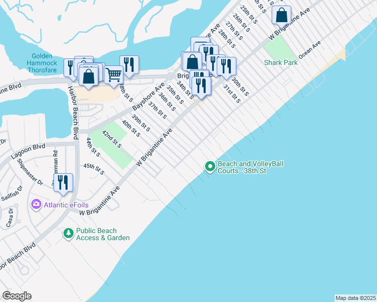 map of restaurants, bars, coffee shops, grocery stores, and more near 3719 Ocean Avenue in Brigantine