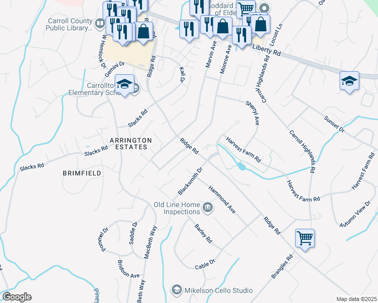map of restaurants, bars, coffee shops, grocery stores, and more near 6707 Monroe Avenue in Sykesville