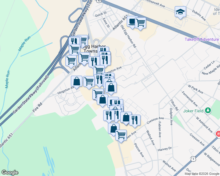 map of restaurants, bars, coffee shops, grocery stores, and more near 201 Tilton Road in Northfield
