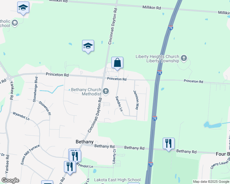 map of restaurants, bars, coffee shops, grocery stores, and more near 6357 Sandric Lane in Butler County