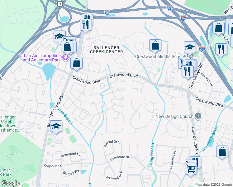 map of restaurants, bars, coffee shops, grocery stores, and more near 7003 Hames Court in Frederick