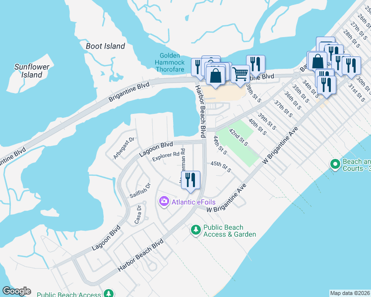 map of restaurants, bars, coffee shops, grocery stores, and more near 4409 Privateer Road in Brigantine