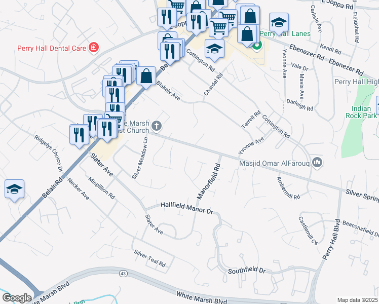 map of restaurants, bars, coffee shops, grocery stores, and more near 4303 Silver Spring Road in Perry Hall