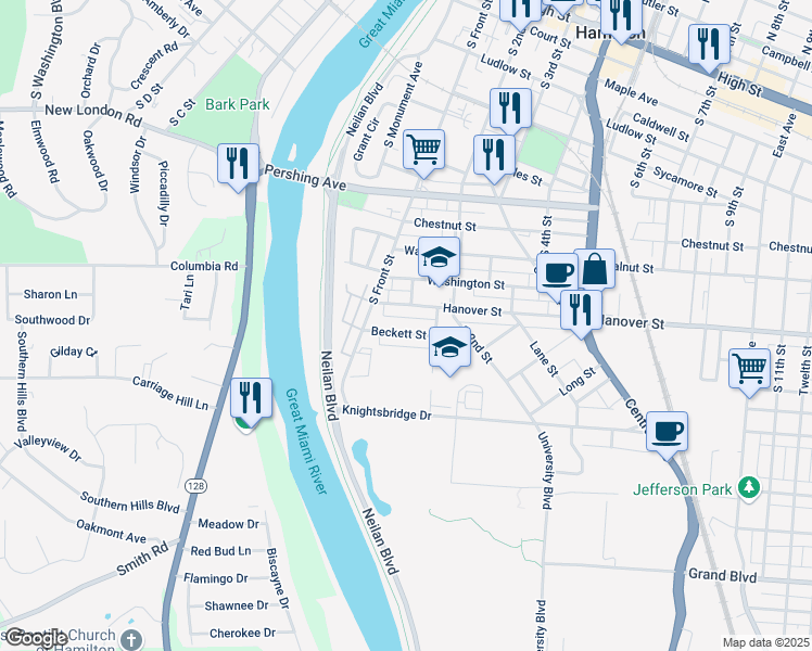 map of restaurants, bars, coffee shops, grocery stores, and more near 156 Beckett Street in Hamilton