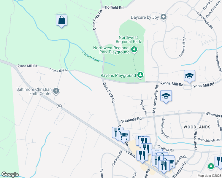 map of restaurants, bars, coffee shops, grocery stores, and more near 4311H Deer Park Road in Randallstown