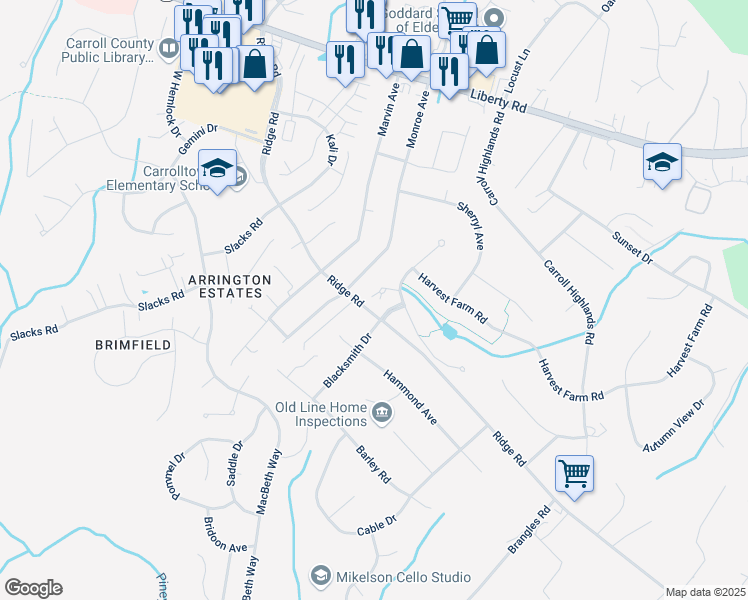 map of restaurants, bars, coffee shops, grocery stores, and more near 2005 Persimmon Drive in Eldersburg