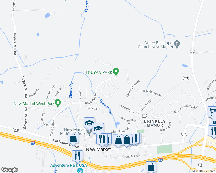map of restaurants, bars, coffee shops, grocery stores, and more near 11105 Worchester Drive in New Market