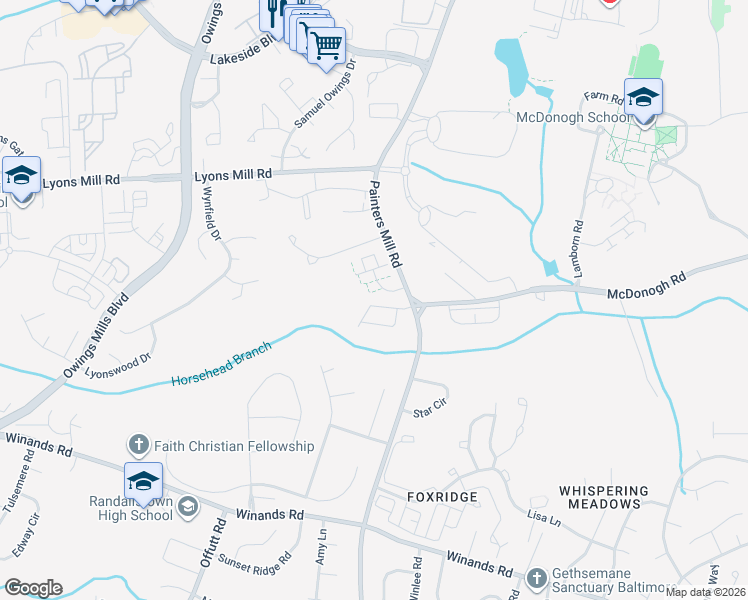map of restaurants, bars, coffee shops, grocery stores, and more near 9130 Marlove Oaks Lane in Owings Mills