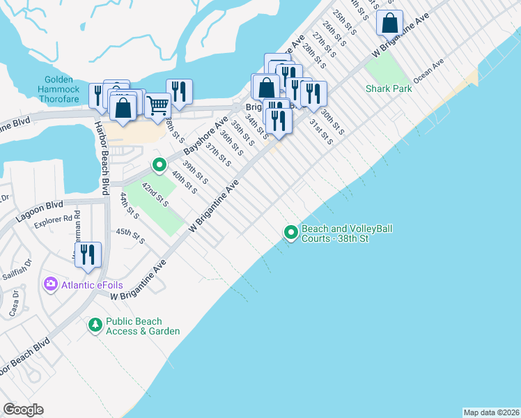map of restaurants, bars, coffee shops, grocery stores, and more near 3719 Ocean Avenue in Brigantine