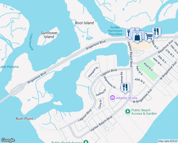 map of restaurants, bars, coffee shops, grocery stores, and more near 346 Gull Cove in Brigantine