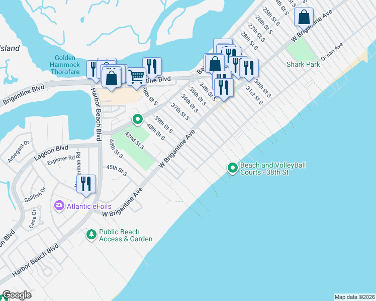 map of restaurants, bars, coffee shops, grocery stores, and more near 327 39th Street South in Brigantine