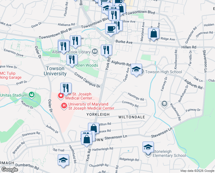 map of restaurants, bars, coffee shops, grocery stores, and more near 31 Terrace Dale in Towson