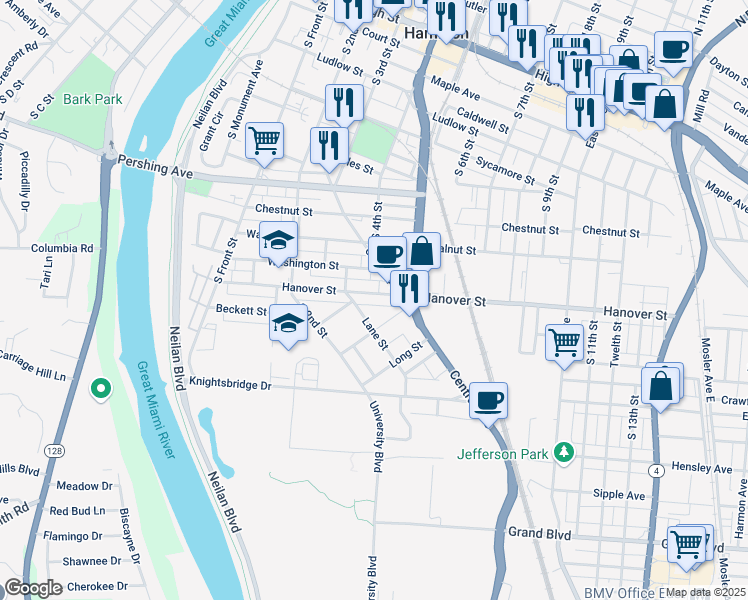map of restaurants, bars, coffee shops, grocery stores, and more near 357 Hanover Street in Hamilton