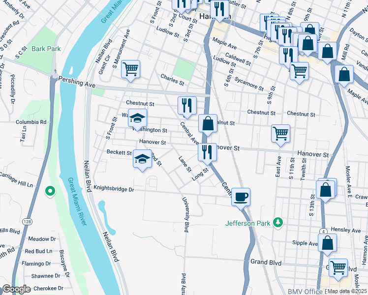 map of restaurants, bars, coffee shops, grocery stores, and more near 357 Hanover Street in Hamilton