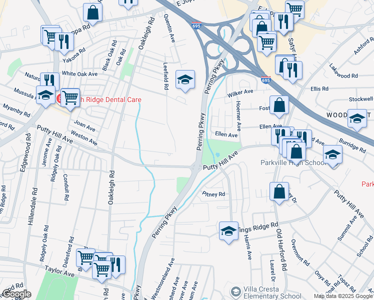map of restaurants, bars, coffee shops, grocery stores, and more near 8401 Leefield Road in Parkville