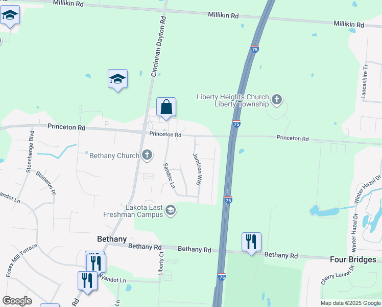 map of restaurants, bars, coffee shops, grocery stores, and more near 6335 Jamison Way in Butler County