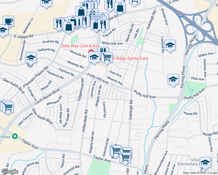 map of restaurants, bars, coffee shops, grocery stores, and more near 8344 Kendale Road in Parkville