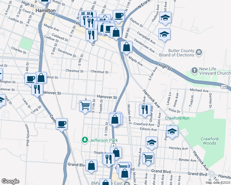 map of restaurants, bars, coffee shops, grocery stores, and more near 629 Fourteenth Street in Hamilton
