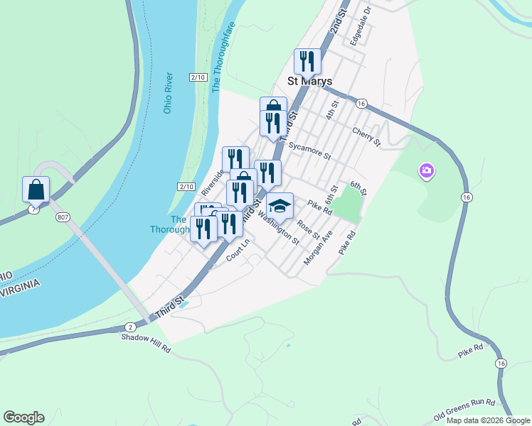 map of restaurants, bars, coffee shops, grocery stores, and more near 305 Washington Street in Saint Marys