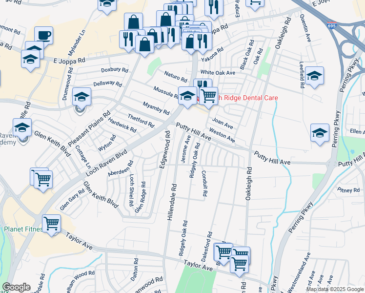 map of restaurants, bars, coffee shops, grocery stores, and more near 8343 Hillendale Road in Parkville