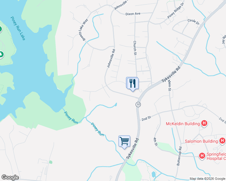 map of restaurants, bars, coffee shops, grocery stores, and more near 577 Johnsville Road in Sykesville