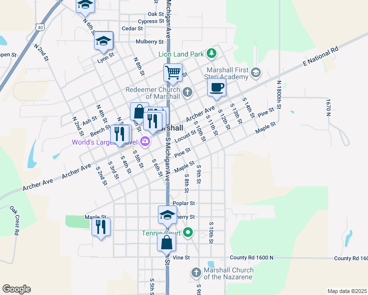 map of restaurants, bars, coffee shops, grocery stores, and more near 200-298 South 8th Street in Marshall