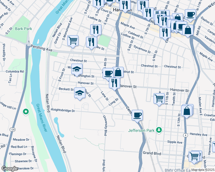 map of restaurants, bars, coffee shops, grocery stores, and more near 357 Hanover Street in Hamilton