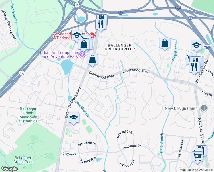 map of restaurants, bars, coffee shops, grocery stores, and more near 6617 Spokeshave Court in Frederick