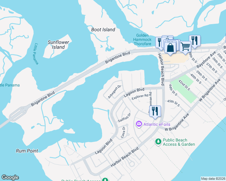 map of restaurants, bars, coffee shops, grocery stores, and more near 333 Arbegast Drive in Brigantine