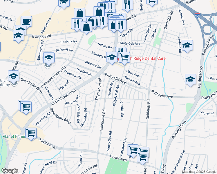 map of restaurants, bars, coffee shops, grocery stores, and more near 8343 Hillendale Road in Parkville