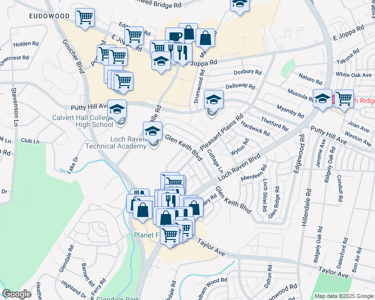 map of restaurants, bars, coffee shops, grocery stores, and more near 1569 Glen Keith Boulevard in Towson