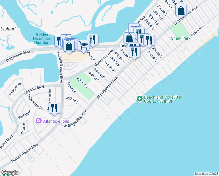 map of restaurants, bars, coffee shops, grocery stores, and more near in Brigantine